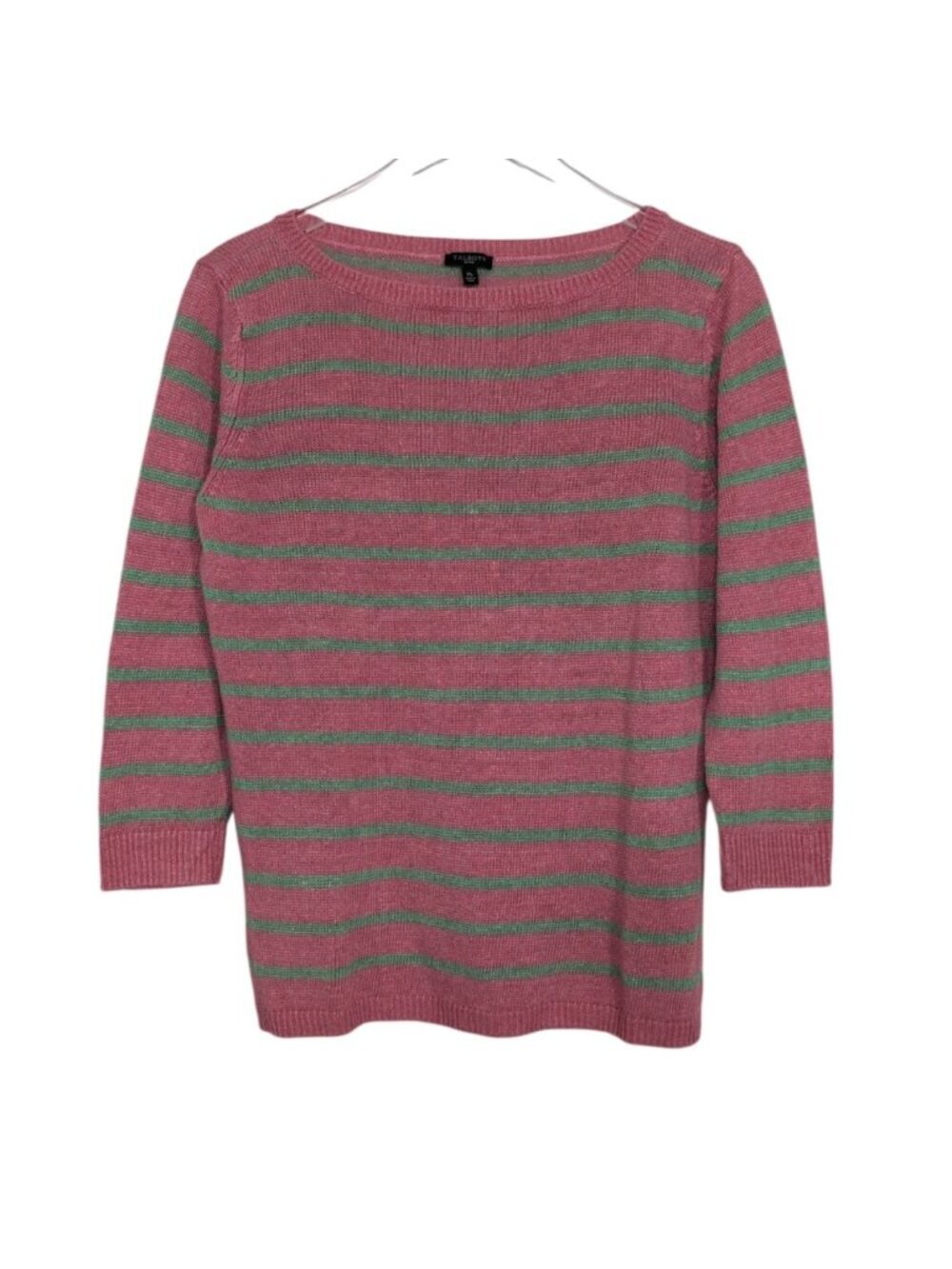 Talbots 100% Linen Stripe Shirt Womens Petite Size Medium Pink Green 3/4 Sleeve